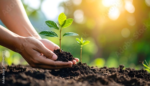 Wallpaper Mural Hands gently cradling a young sprout in rich soil, sunlight streaming from behind Torontodigital.ca