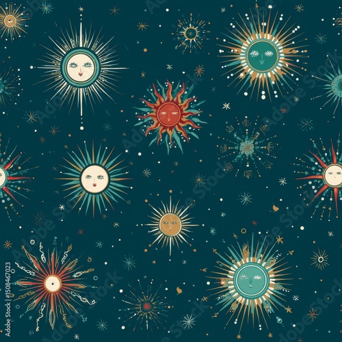 A mid-century modern art style features a seamless abstract geometric pattern of fruits and leaves as a nature background in a retro vintage flat design