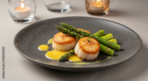 Gourmet seared scallops with fresh asparagus and hollandaise sauce on a dark plate for fine dining
