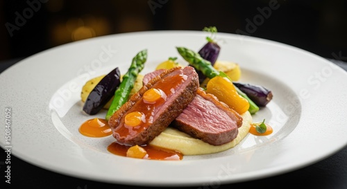 Gourmet roasted duck breast with mashed potatoes asparagus and colorful vegetables on white plate