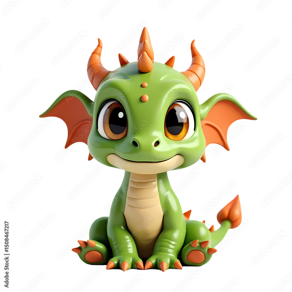 Fototapeta premium A cute green cartoon dragon sitting with orange horns and wings on a black isolated background isolated on transparent background
