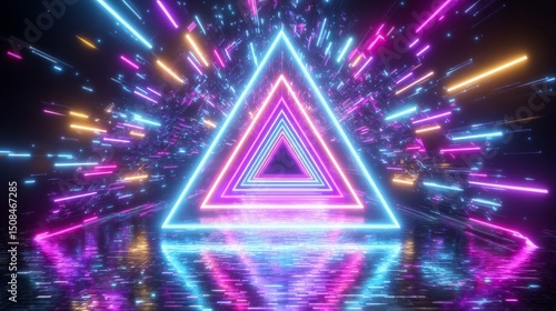 An abstract background of neon light shapes in rainbow colors on a black background with empty space defines a conceptual image of a fashion show stage in 80's retro style created using 3d rendering