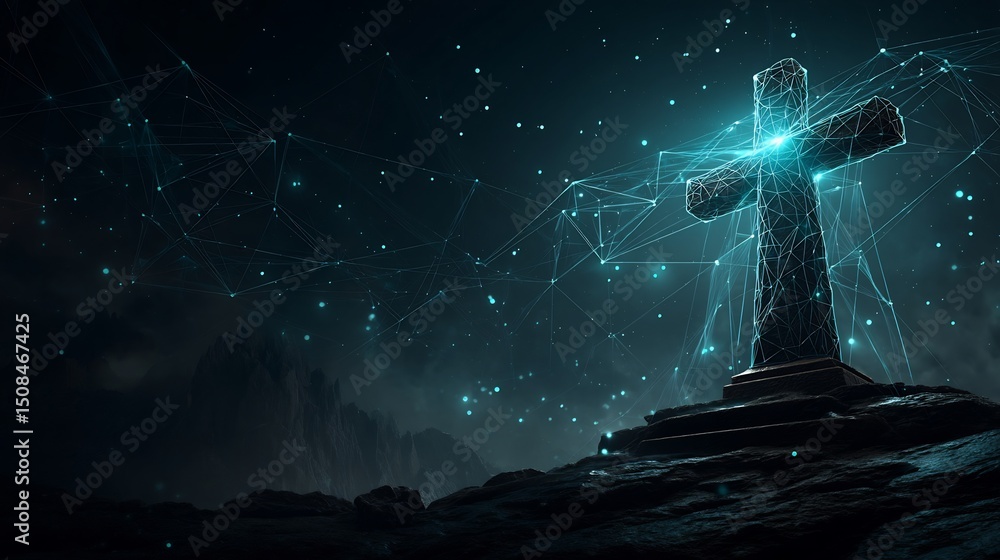 Obraz premium Glowing Cross with Night Landscape, Faith, and Religion.