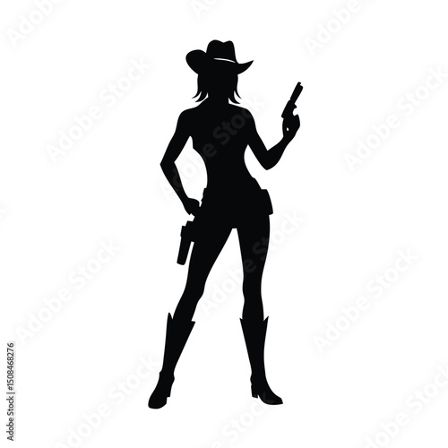 A vector silhouette of a cowgirl standing confidently with a pistol in her hand