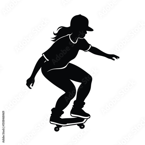 A vector silhouette of a girl skating on a skateboard. She is captured in a dynamic, crouching pose
