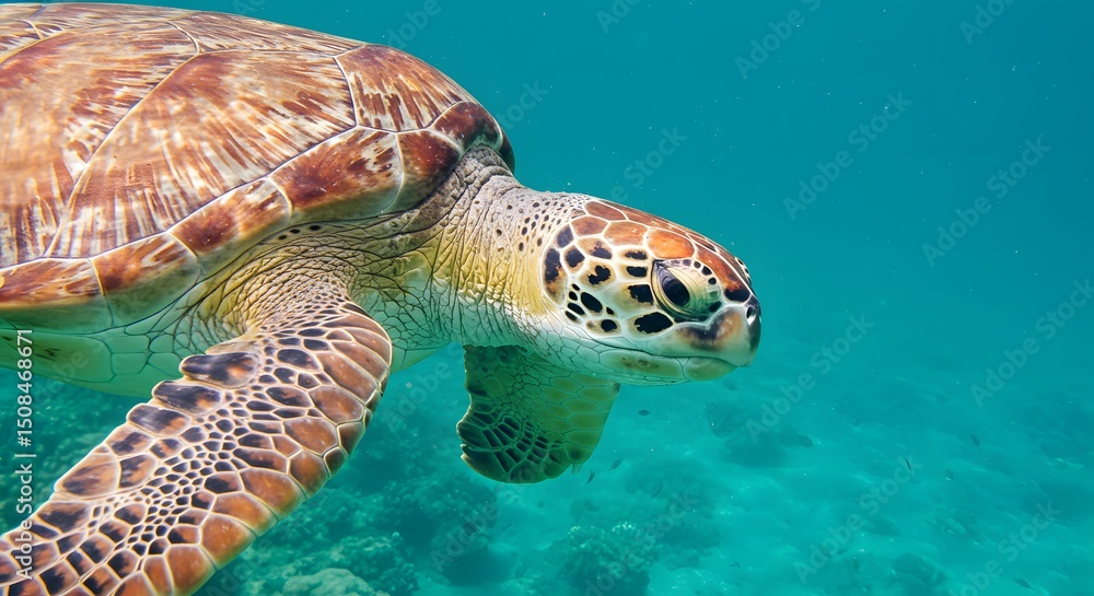 Fototapeta premium Majestic Sea Turtle Gracefully Gliding Through Vibrant Coral Reef