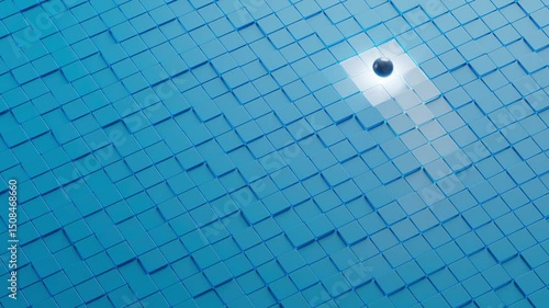 Loop 3D animation or ball rolling on floating tiles producing colorful trail. Isometric view render