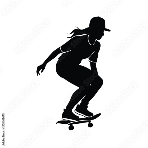 A vector silhouette of a girl skating on a skateboard. She is captured in a dynamic, crouching pose