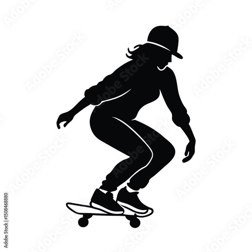 A vector silhouette of a girl skating on a skateboard. She is captured in a dynamic, crouching pose