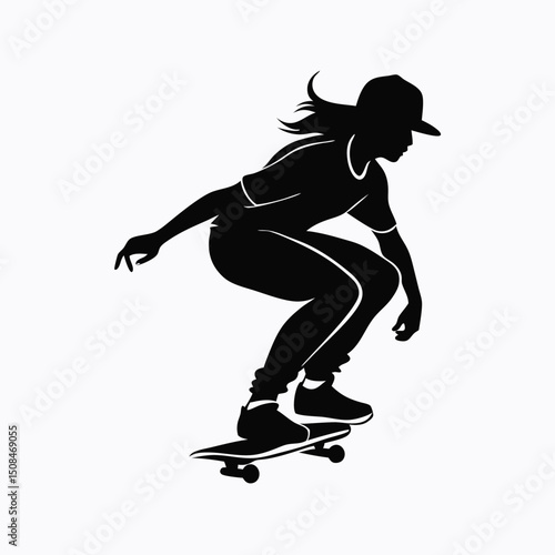 A vector silhouette of a girl skating on a skateboard. She is captured in a dynamic, crouching pose