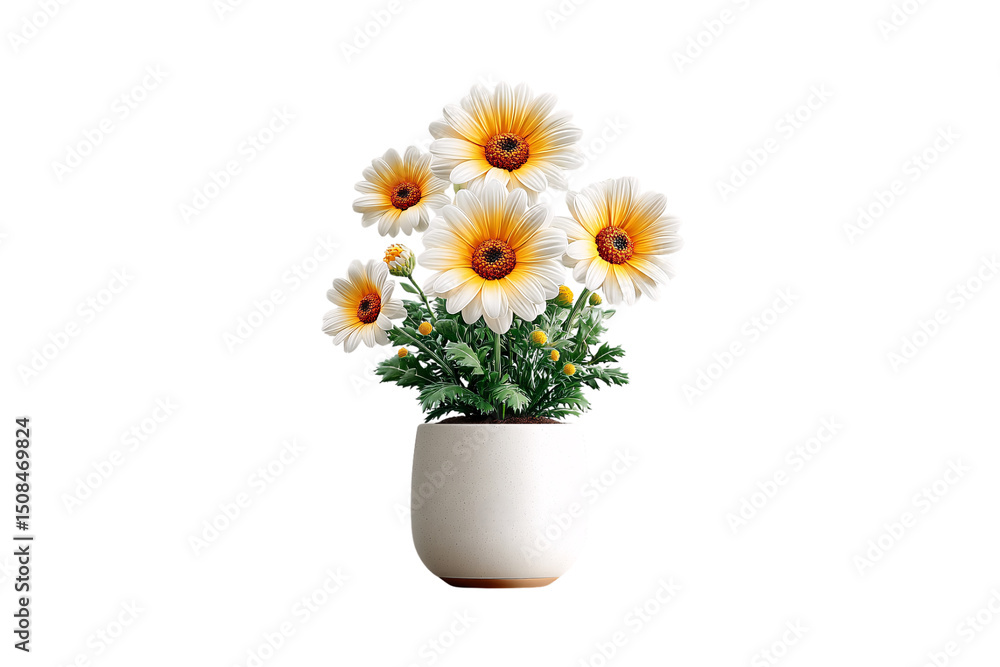 White daisy-like flowers with yellow centers blooming from green foliage in cream ceramic pot, isolated on a transparent background White daisy-like flowers with yellow centers blooming from green foliage in cream ceramic pot, isolated on a transparent background