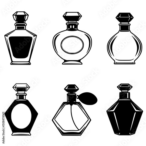 Collection of eight perfume bottle silhouettes isolated on transparent background