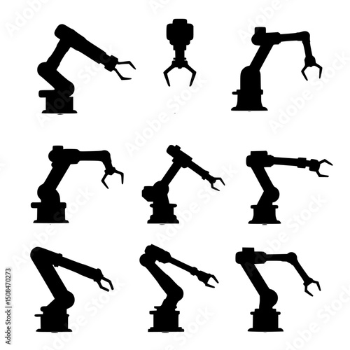 Collection of robotic arms silhouettes isolated on transparent background