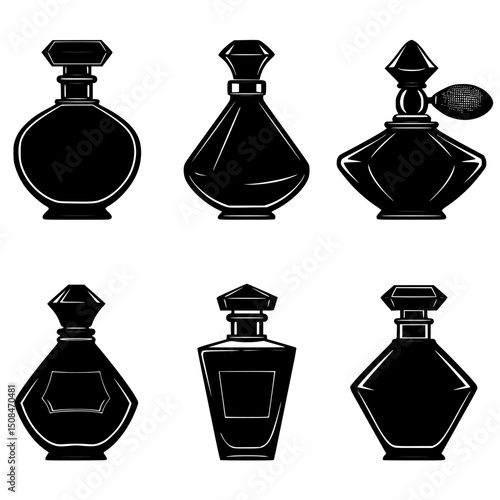 Collection of eight perfume bottle silhouettes isolated on transparent background