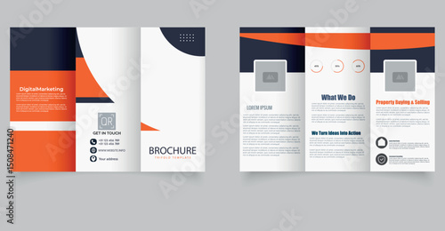 Modern Trifold Business Brochure Template. Professional trifold business brochure template in orange and dark blue color scheme. Ideal for corporate marketing, consulting.