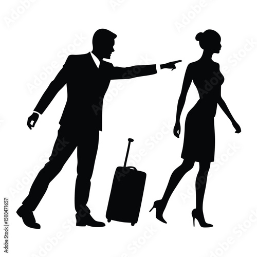 Silhouette couple airport departure travel suitcase.