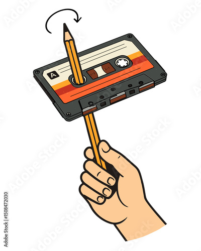 Hand turning cassette tape with pencil in retro illustration
