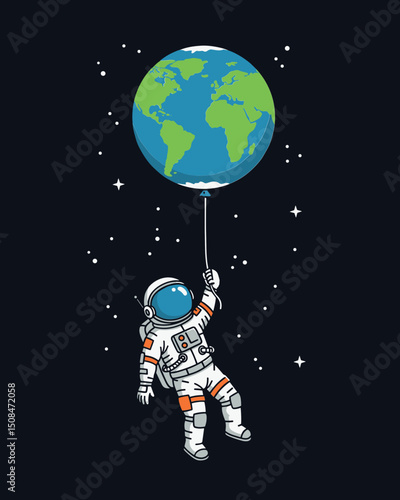 Astronaut holding Earth balloon floating in space, whimsical illustration, cosmic adventure, copy space