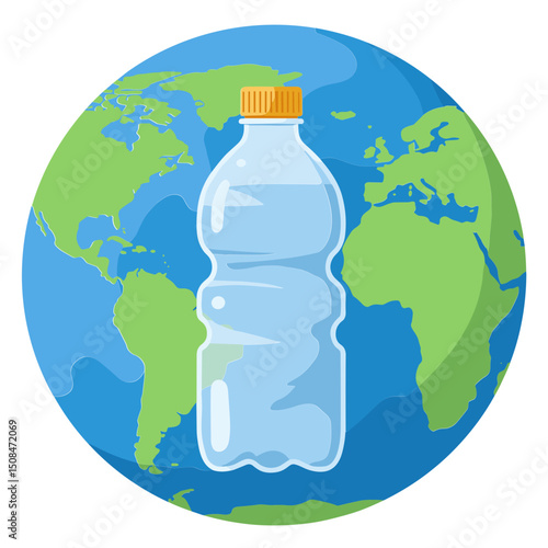 Plastic water bottle in front of the Earth globe, environmental concept, vector illustration, copy space