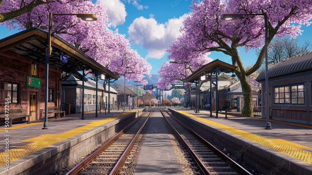 Fototapeta premium Tranquil Springtime Train Station