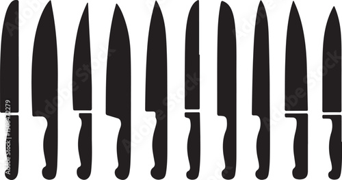 Knife Collection Variety of Blades, Kitchen Utensils, Sharp, Black Silhouettes