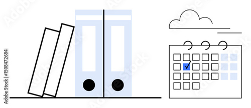 Two binders placed near a calendar featuring a marked date under a simple silhouette of a cloud. Ideal for planning, task tracking, time management, organization, productivity, scheduling, office