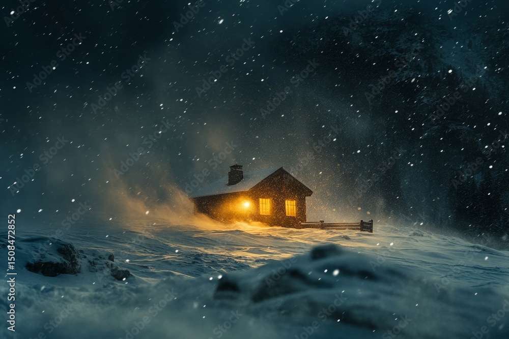 warm light spilling from a small mountain cabin during a heavy snowstorm, Generative AI warm light spilling from a small mountain cabin during a heavy snowstorm, Generative AI
