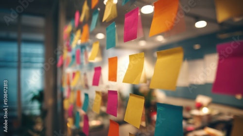 Vibrant multicolored sticky notes in yellow, orange, pink, and teal irregularly arranged on a glass surface, creating a dynamic and lively display. The softly blurred background suggests an indoor off