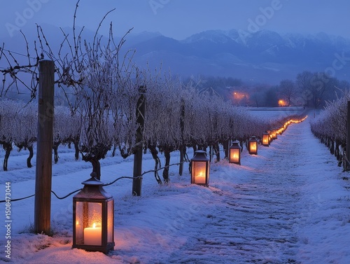 Lanterns glowing in a row along a frosted vineyard path with mountains in the distance, Generative AI