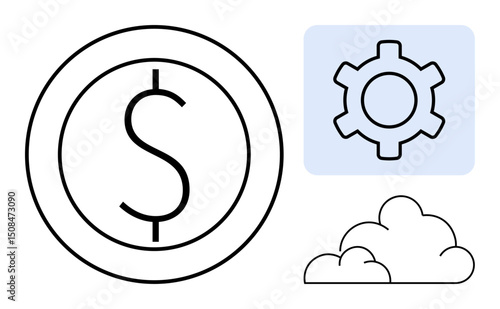Dollar sign inside a coin, gear on blue background, and cloud. Ideal for business, finance, innovation, technology, process, cloud computing simple landing page