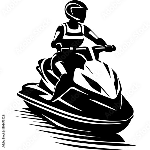 Sketchy sport emblem of female athlete in tight jumpsuit and protective helmet sits astride powerful jet ski in monochrome. Engraving minimalistic vector in black ink drawing on transparent background