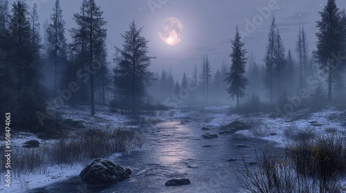 Frozen stream weaving through a quiet forest glowing softly under moonlight, Generative AI