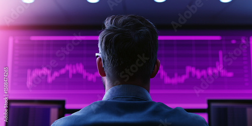 Financial analyst observing stock market data displayed on a monitor