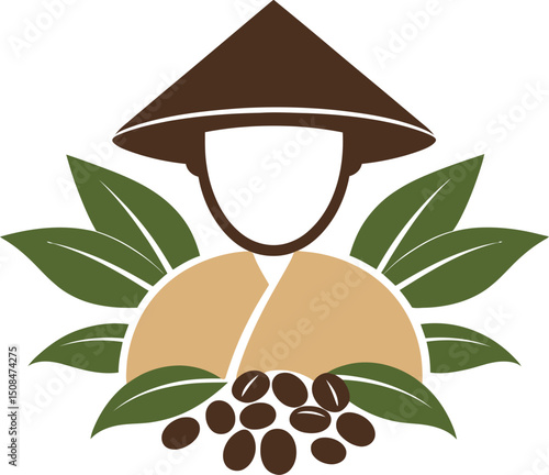 Asian coffee farmer logo design for coffee brand with coffee beans and leaves vector illustration