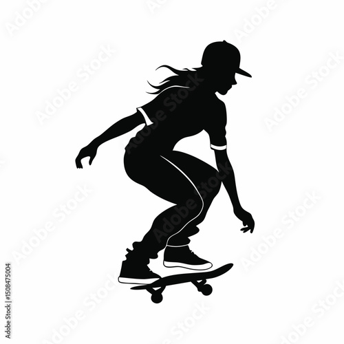 A vector silhouette of a girl skating on a skateboard. She is captured in a dynamic, crouching pose