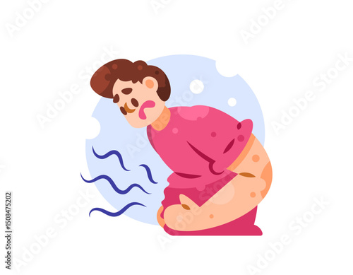 illustration of a man with a rumbling stomach. hunger. feeling hungry. stomach ache, health problems in the digestive system. pain, symptoms of ulcers, gerd, poisoning. flat style character design