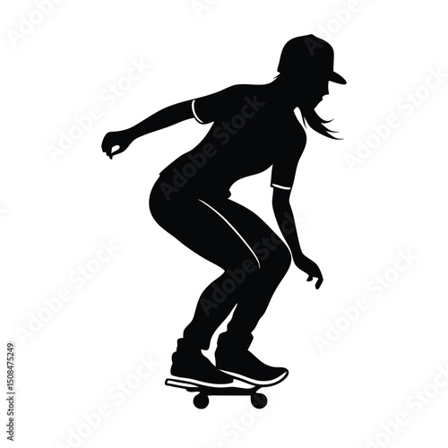 A vector silhouette of a girl skating on a skateboard. She is captured in a dynamic, crouching pose