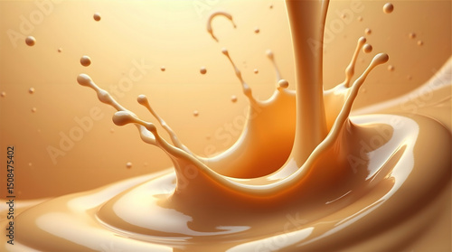creamy coffee milk golden caramel dynamic splash effects swirling mid-air artistic energetic composition warm browns beige caramel tones soft lighting gentle gradients cozy delicious shop poster