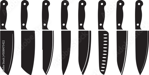 Collection of Black Kitchen Knives Chefs, Paring, Utility Blades.