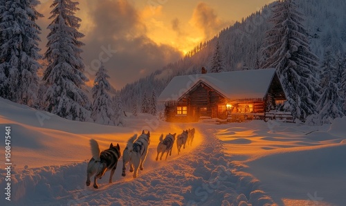 Dogs bounding through snowdrifts near a rustic cabin glowing with light, Generative AI