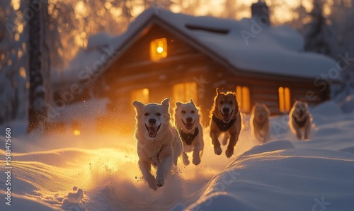 Dogs bounding through snowdrifts near a rustic cabin glowing with light, Generative AI