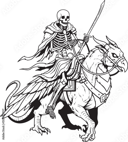 An imposing skeletal knight, cloaked and armed with a mighty sword, rides a magnificent, winged mythical beast, reminiscent of a griffin or chimera.