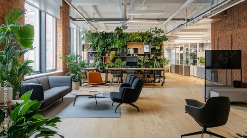 Biophilic design flourishes in an open-concept office space with natural light