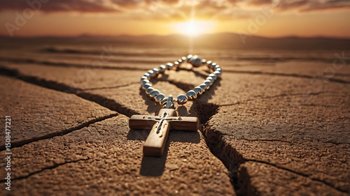 A cross and rosary rest on the cracked desert ground as the sun sets peacefully.