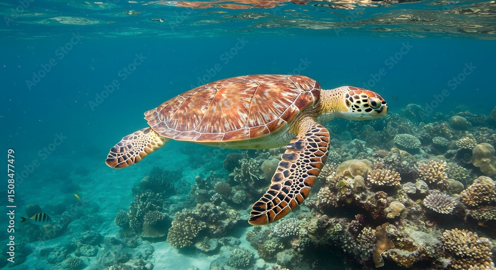 Fototapeta premium Majestic Sea Turtle Gracefully Navigating a Vibrant Coral Reef