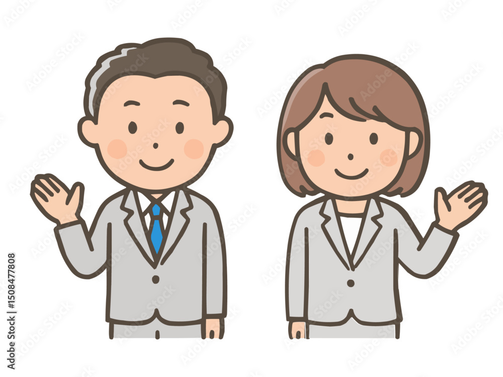 説明や案内をするスーツ姿の男女ビジネスマンのイラスト 説明や案内をするスーツ姿の男女ビジネスマンのイラスト