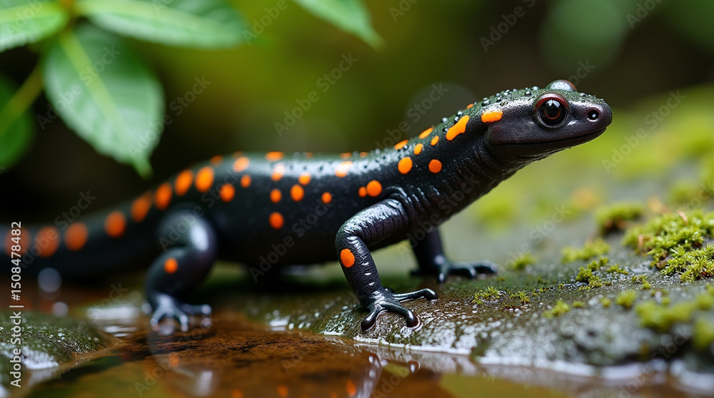 Vivid Fire Salamander on Mossy Rock in Forest Stream Macro Vivid Fire Salamander on Mossy Rock in Forest Stream Macro