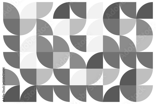 Seamless geometric pattern with abstract half circles in grayscale on white background