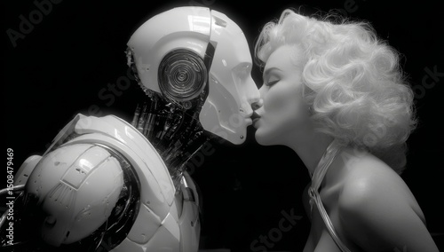 A dark, artistic background sets the tone for a futuristic scene where a woman and a robot share a kiss