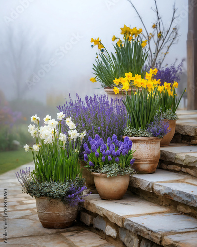A row of potted plants sit on a stone staircase